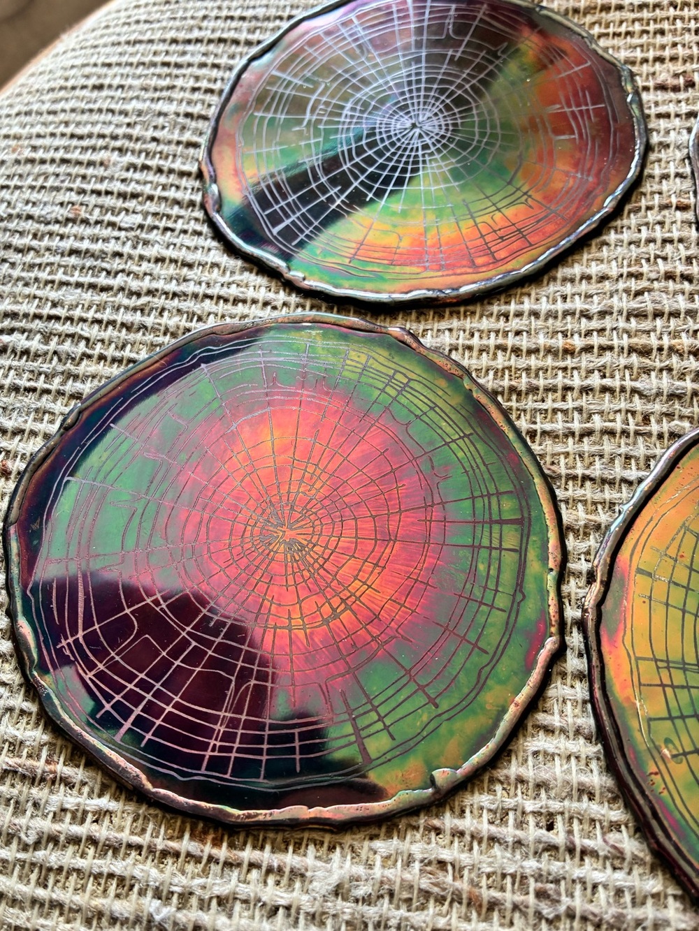 Anthropologie Metal Iridescent Multicolor Tree Ring Coasters (4) - Picture 3 of 7